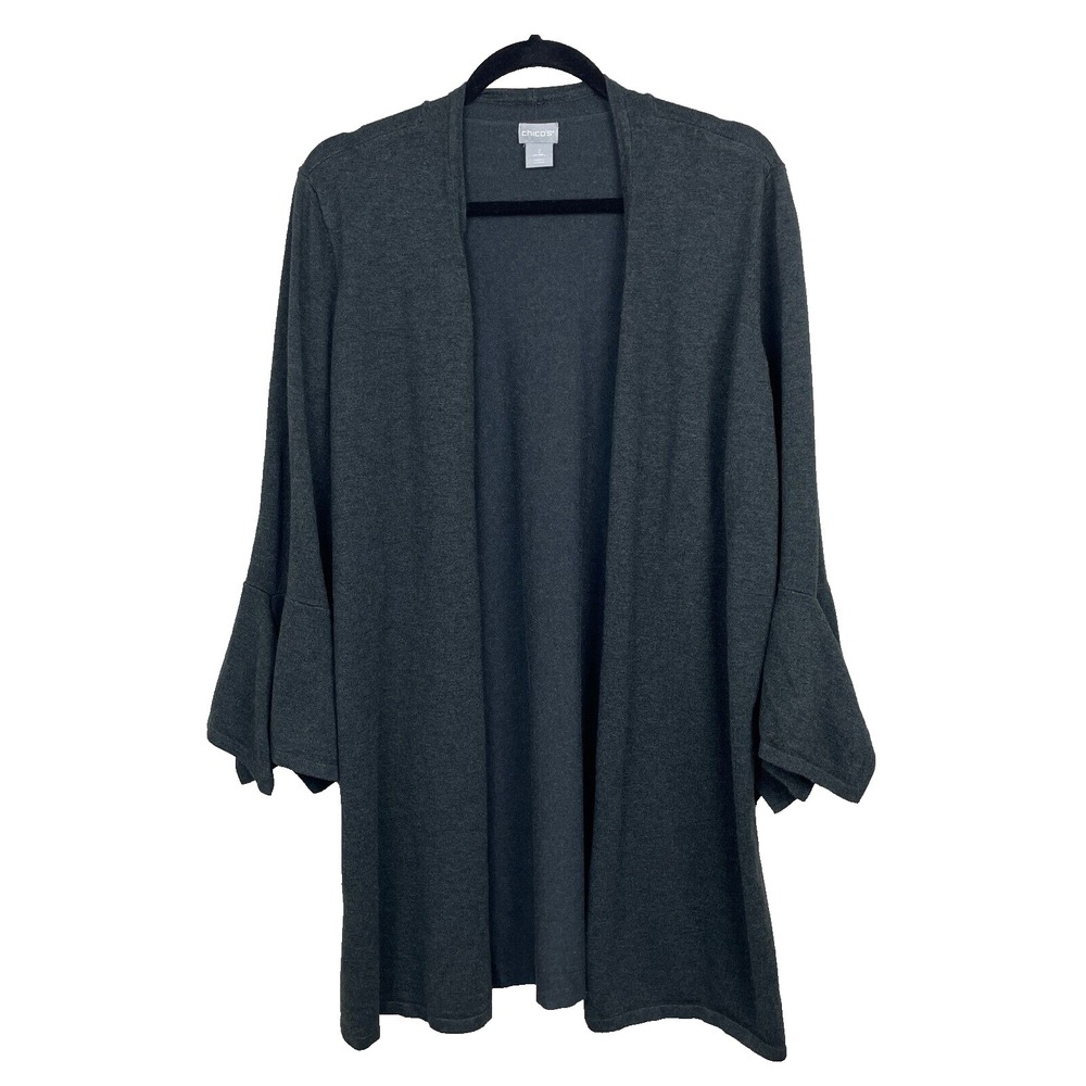Chico's Cardigan Sweater Size 2/Large Gray Open 3/4 Flutter‎ Sleeve Detail Long
